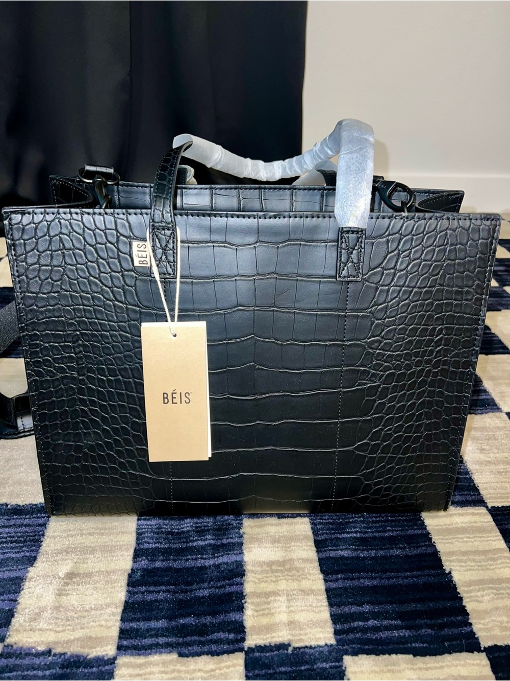 BEIS Black Croc-Embossed Laptop Tote